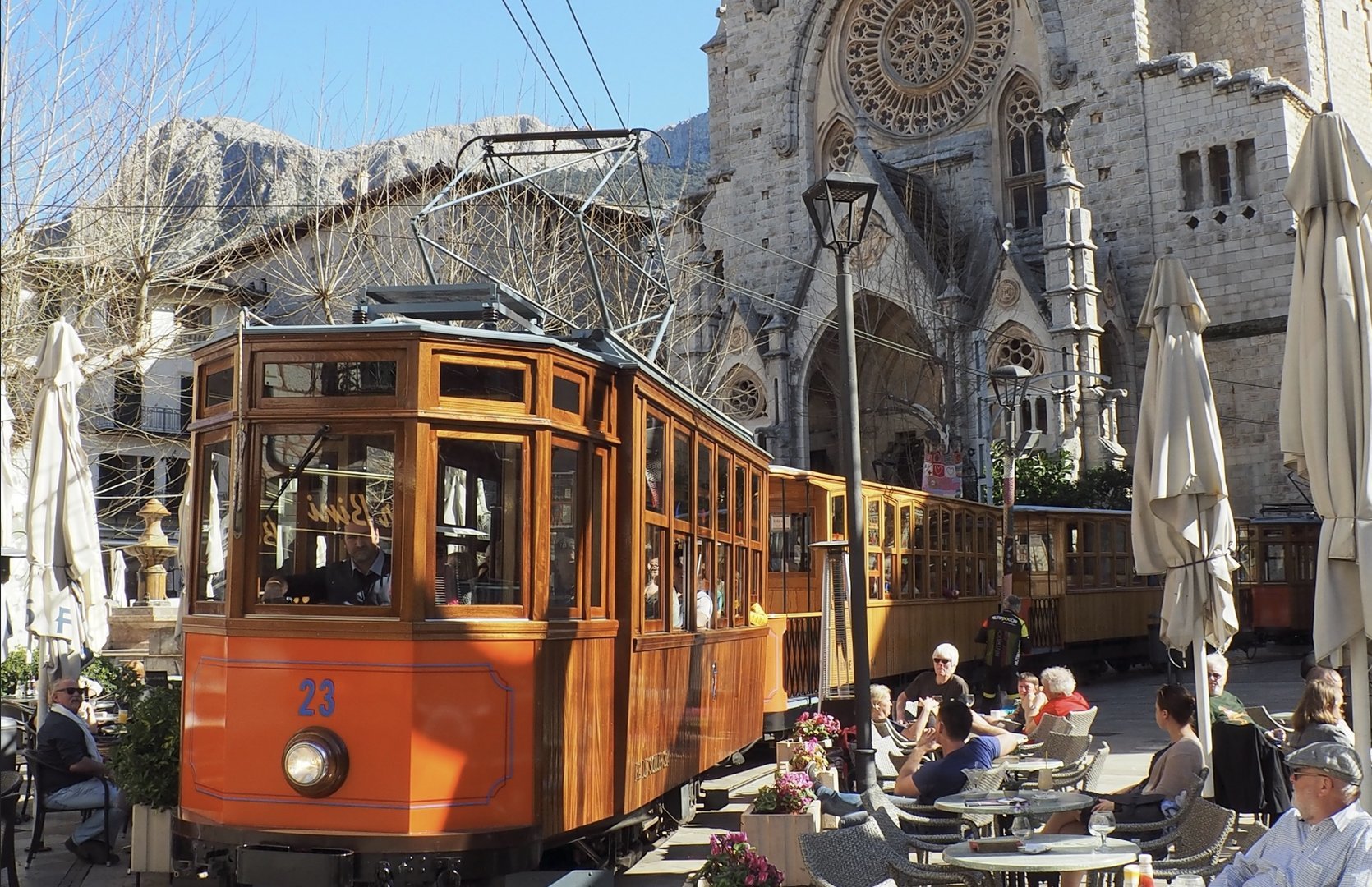 clients on board the Soller tram on the soller tour